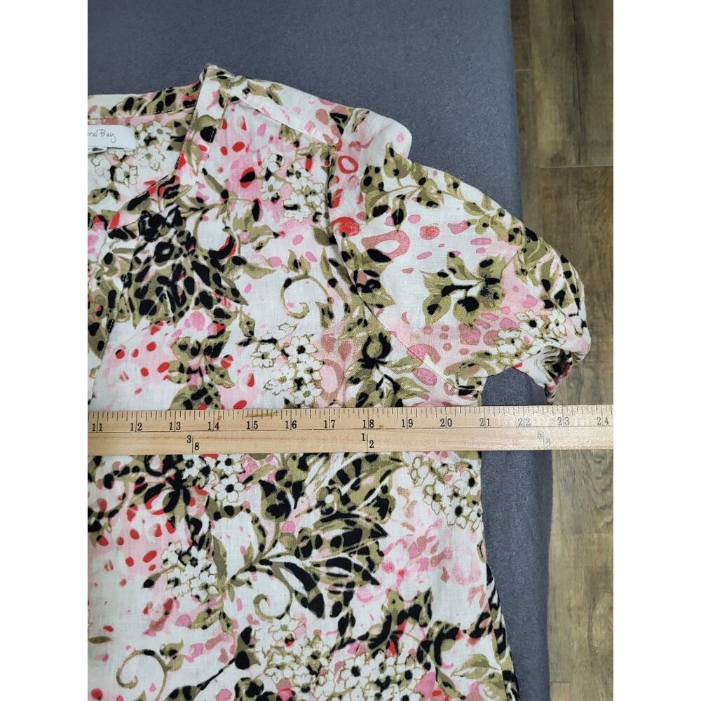 CORAL BAY Women';s LG Linen Blend Floral Button Up Blouse Top Roll Tab Sleeve - Picture 6 of 9